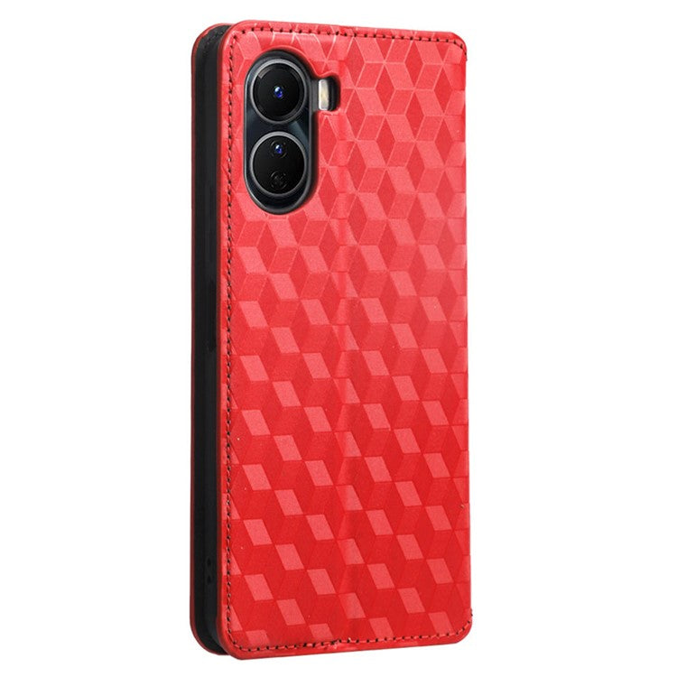 For vivo Y16 4G / Y02s 4G / Y35 5G / Y35m 5G / Y53t 5G / Y56 5G / iQOO Z7i / T2x (India) 5G Stand Wallet Phone Case, Full Coverage Imprinted Rhombus Pattern PU Leather Magnetic Auto-absorbed Folio Flip Cover - Red