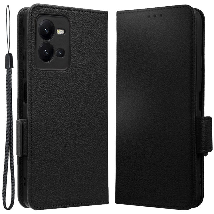 For vivo V25 5G / V25e 4G / X80 Lite 5G Litchi Texture Wallet Phone Case PU Leather Flip Stand Dual Magnetic Clasp Protective Cover with Strap - Black