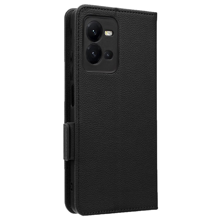 For vivo V25 5G / V25e 4G / X80 Lite 5G Litchi Texture Wallet Phone Case PU Leather Flip Stand Dual Magnetic Clasp Protective Cover with Strap - Black