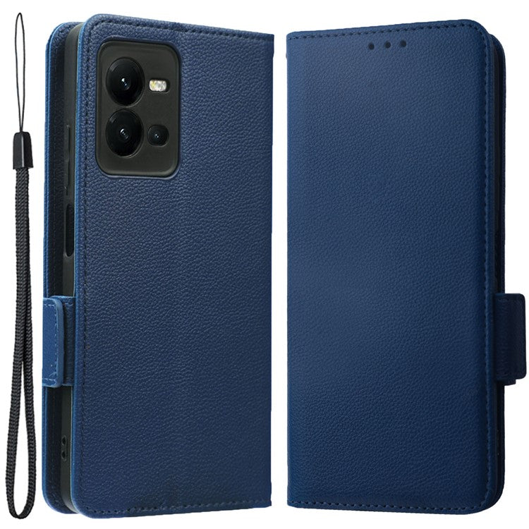 For vivo V25 5G / V25e 4G / X80 Lite 5G Litchi Texture Wallet Phone Case PU Leather Flip Stand Dual Magnetic Clasp Protective Cover with Strap - Dark Blue