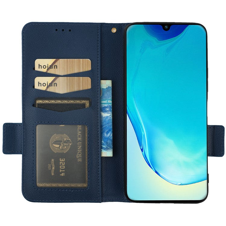 For vivo V25 5G / V25e 4G / X80 Lite 5G Litchi Texture Wallet Phone Case PU Leather Flip Stand Dual Magnetic Clasp Protective Cover with Strap - Dark Blue