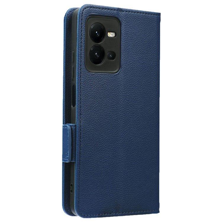 For vivo V25 5G / V25e 4G / X80 Lite 5G Litchi Texture Wallet Phone Case PU Leather Flip Stand Dual Magnetic Clasp Protective Cover with Strap - Dark Blue