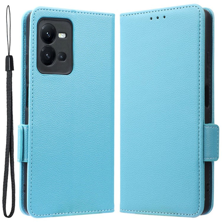 For vivo V25 5G / V25e 4G / X80 Lite 5G Litchi Texture Wallet Phone Case PU Leather Flip Stand Dual Magnetic Clasp Protective Cover with Strap - Baby Blue