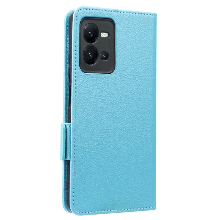 For vivo V25 5G / V25e 4G / X80 Lite 5G Litchi Texture Wallet Phone Case PU Leather Flip Stand Dual Magnetic Clasp Protective Cover with Strap - Baby Blue