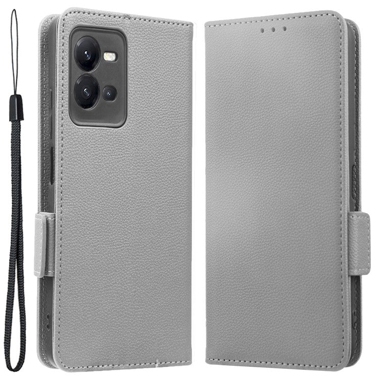 For vivo V25 5G / V25e 4G / X80 Lite 5G Litchi Texture Wallet Phone Case PU Leather Flip Stand Dual Magnetic Clasp Protective Cover with Strap - Grey