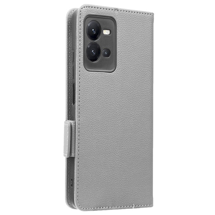 For vivo V25 5G / V25e 4G / X80 Lite 5G Litchi Texture Wallet Phone Case PU Leather Flip Stand Dual Magnetic Clasp Protective Cover with Strap - Grey