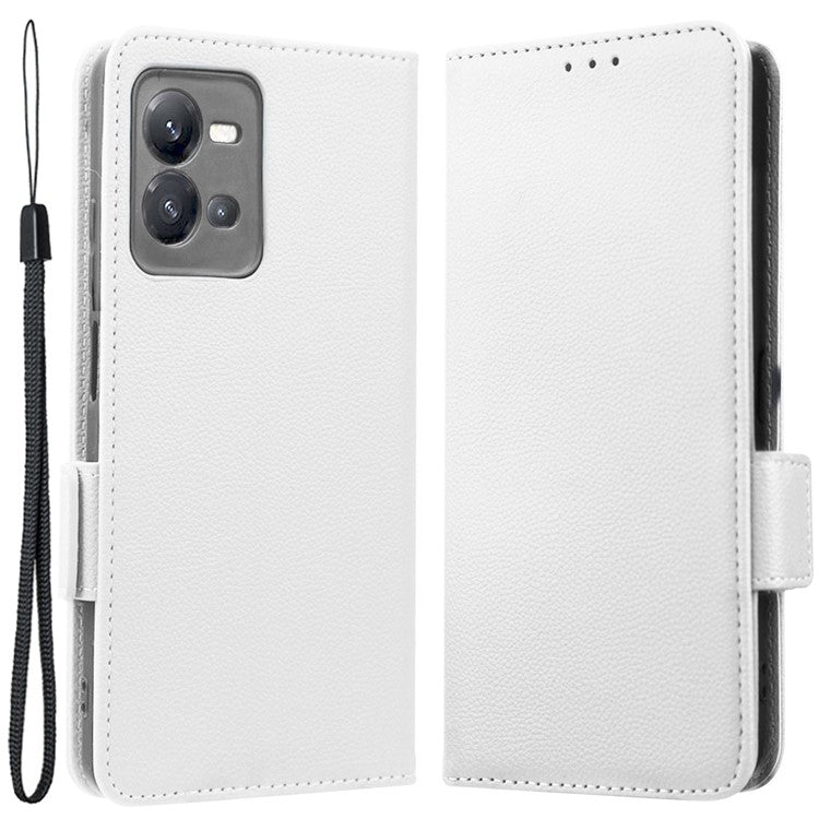 For vivo V25 5G / V25e 4G / X80 Lite 5G Litchi Texture Wallet Phone Case PU Leather Flip Stand Dual Magnetic Clasp Protective Cover with Strap - White