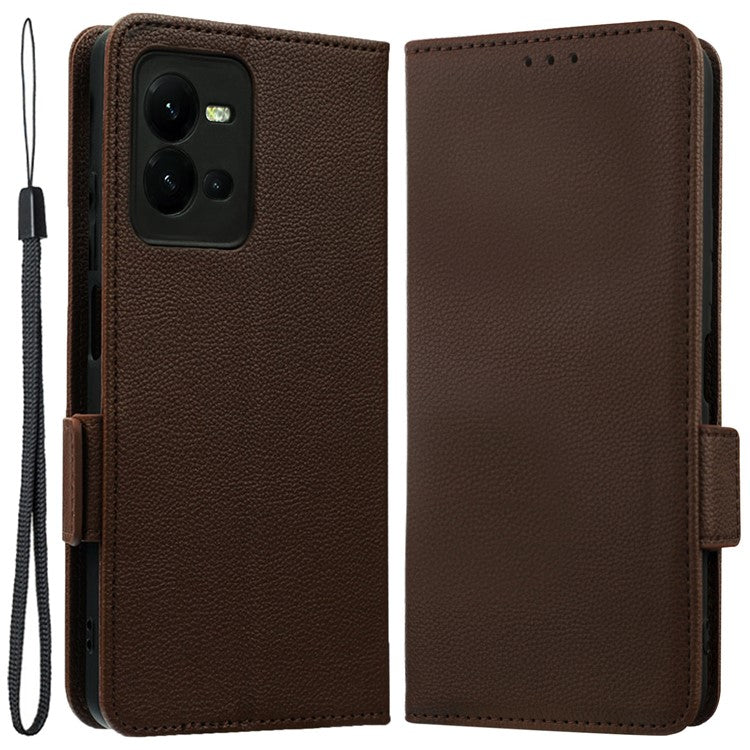 For vivo V25 5G / V25e 4G / X80 Lite 5G Litchi Texture Wallet Phone Case PU Leather Flip Stand Dual Magnetic Clasp Protective Cover with Strap - Brown