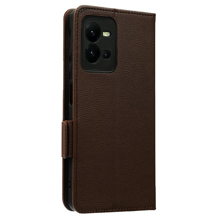 For vivo V25 5G / V25e 4G / X80 Lite 5G Litchi Texture Wallet Phone Case PU Leather Flip Stand Dual Magnetic Clasp Protective Cover with Strap - Brown