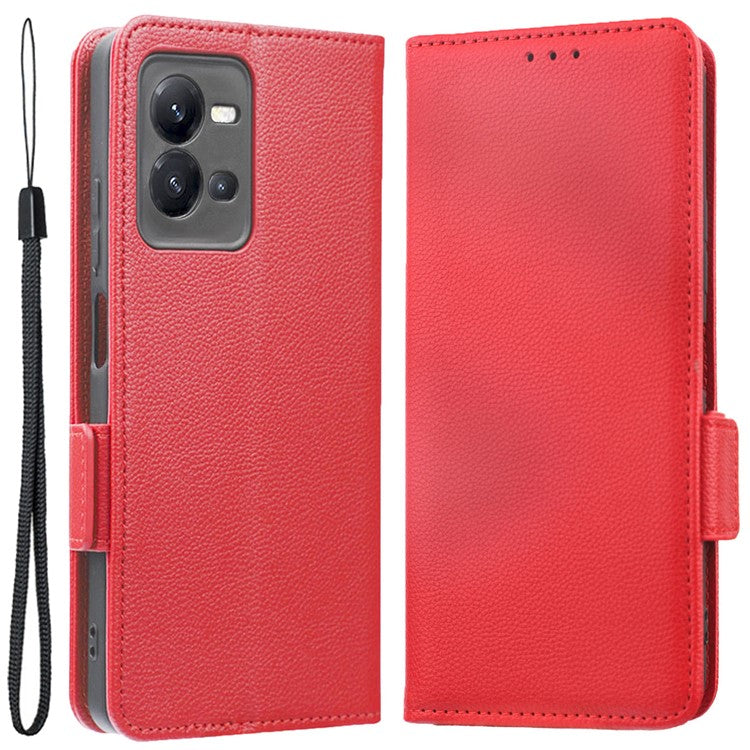 For vivo V25 5G / V25e 4G / X80 Lite 5G Litchi Texture Wallet Phone Case PU Leather Flip Stand Dual Magnetic Clasp Protective Cover with Strap - Red