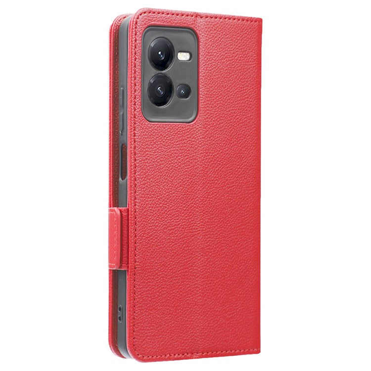 For vivo V25 5G / V25e 4G / X80 Lite 5G Litchi Texture Wallet Phone Case PU Leather Flip Stand Dual Magnetic Clasp Protective Cover with Strap - Red