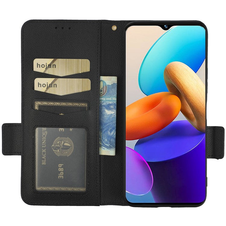 For vivo Y22 4G / Y22s 4G / Y35 4G (2022) Magnetic Phone Cover Litchi Texture Wallet Adjustable Stand PU Leather Flip Phone Case with Strap - Black