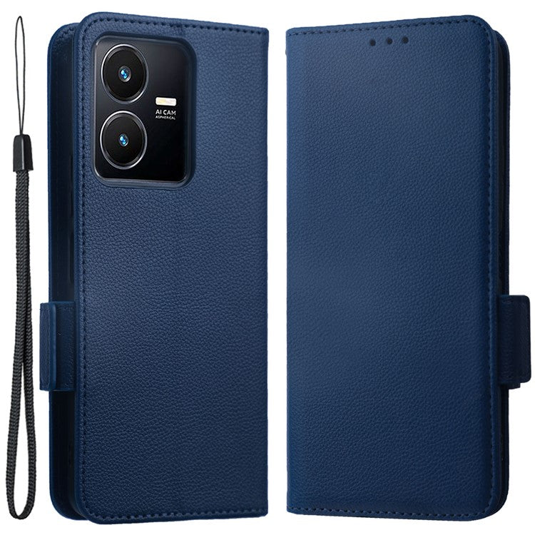 For vivo Y22 4G / Y22s 4G / Y35 4G (2022) Magnetic Phone Cover Litchi Texture Wallet Adjustable Stand PU Leather Flip Phone Case with Strap - Dark Blue