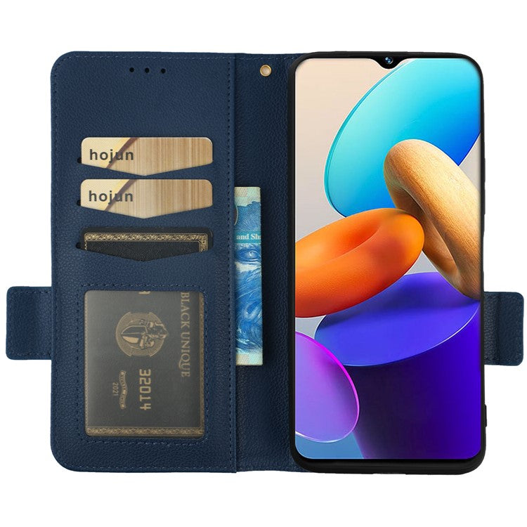 For vivo Y22 4G / Y22s 4G / Y35 4G (2022) Magnetic Phone Cover Litchi Texture Wallet Adjustable Stand PU Leather Flip Phone Case with Strap - Dark Blue