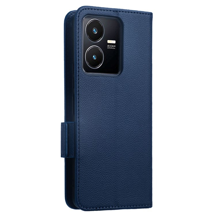 For vivo Y22 4G / Y22s 4G / Y35 4G (2022) Magnetic Phone Cover Litchi Texture Wallet Adjustable Stand PU Leather Flip Phone Case with Strap - Dark Blue