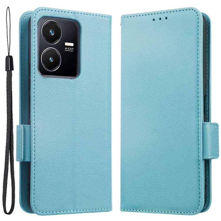 For vivo Y22 4G / Y22s 4G / Y35 4G (2022) Magnetic Phone Cover Litchi Texture Wallet Adjustable Stand PU Leather Flip Phone Case with Strap - Baby Blue