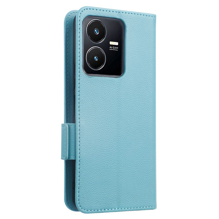 For vivo Y22 4G / Y22s 4G / Y35 4G (2022) Magnetic Phone Cover Litchi Texture Wallet Adjustable Stand PU Leather Flip Phone Case with Strap - Baby Blue