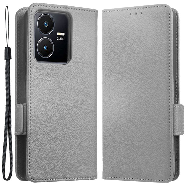 For vivo Y22 4G / Y22s 4G / Y35 4G (2022) Magnetic Phone Cover Litchi Texture Wallet Adjustable Stand PU Leather Flip Phone Case with Strap - Grey