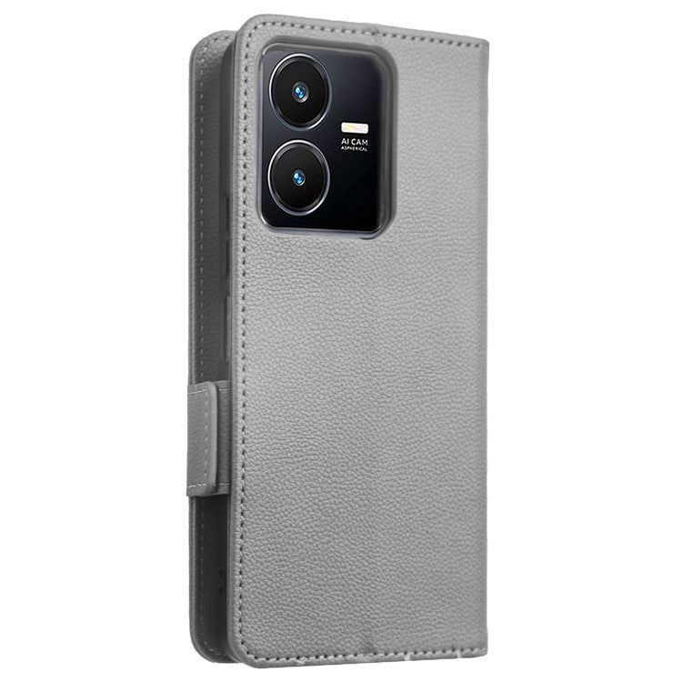 For vivo Y22 4G / Y22s 4G / Y35 4G (2022) Magnetic Phone Cover Litchi Texture Wallet Adjustable Stand PU Leather Flip Phone Case with Strap - Grey