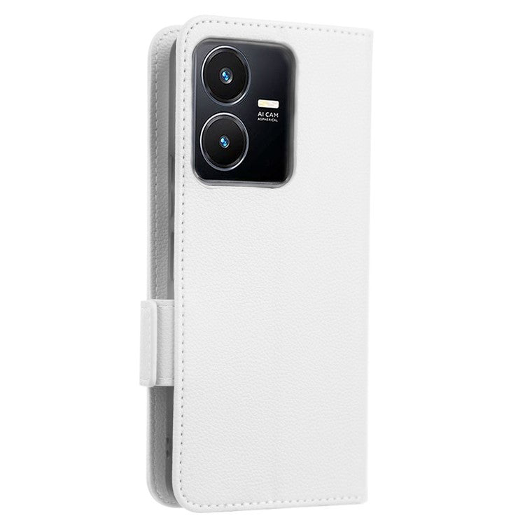 For vivo Y22 4G / Y22s 4G / Y35 4G (2022) Magnetic Phone Cover Litchi Texture Wallet Adjustable Stand PU Leather Flip Phone Case with Strap - White