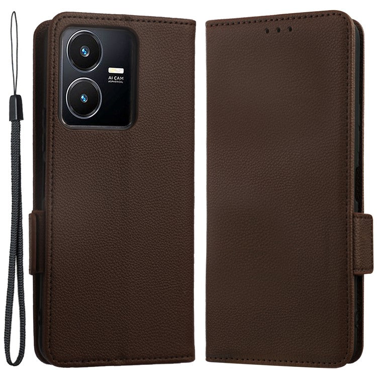 For vivo Y22 4G / Y22s 4G / Y35 4G (2022) Magnetic Phone Cover Litchi Texture Wallet Adjustable Stand PU Leather Flip Phone Case with Strap - Brown