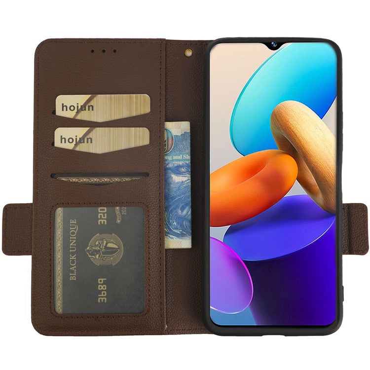 For vivo Y22 4G / Y22s 4G / Y35 4G (2022) Magnetic Phone Cover Litchi Texture Wallet Adjustable Stand PU Leather Flip Phone Case with Strap - Brown