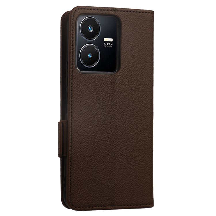 For vivo Y22 4G / Y22s 4G / Y35 4G (2022) Magnetic Phone Cover Litchi Texture Wallet Adjustable Stand PU Leather Flip Phone Case with Strap - Brown