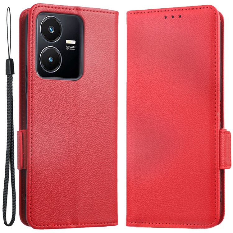 For vivo Y22 4G / Y22s 4G / Y35 4G (2022) Magnetic Phone Cover Litchi Texture Wallet Adjustable Stand PU Leather Flip Phone Case with Strap - Red