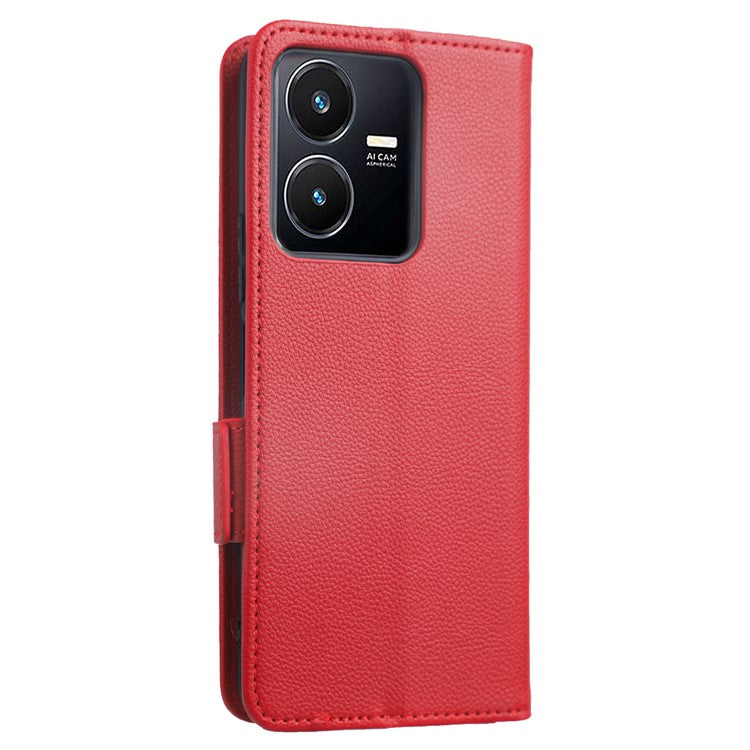 For vivo Y22 4G / Y22s 4G / Y35 4G (2022) Magnetic Phone Cover Litchi Texture Wallet Adjustable Stand PU Leather Flip Phone Case with Strap - Red