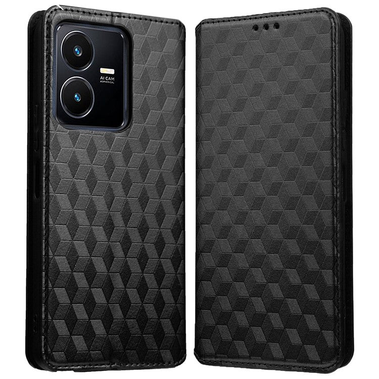 For vivo Y22 4G / Y22s 4G / Y35 4G (2022) Shock-absorbing Stand Wallet Phone Case, Imprinted Rhombus Pattern PU Leather Magnetic Auto-absorbed Folio Flip Cover - Black