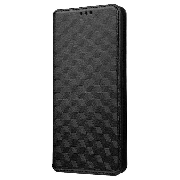 For vivo Y22 4G / Y22s 4G / Y35 4G (2022) Shock-absorbing Stand Wallet Phone Case, Imprinted Rhombus Pattern PU Leather Magnetic Auto-absorbed Folio Flip Cover - Black