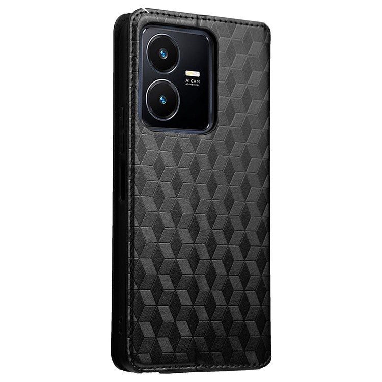 For vivo Y22 4G / Y22s 4G / Y35 4G (2022) Shock-absorbing Stand Wallet Phone Case, Imprinted Rhombus Pattern PU Leather Magnetic Auto-absorbed Folio Flip Cover - Black