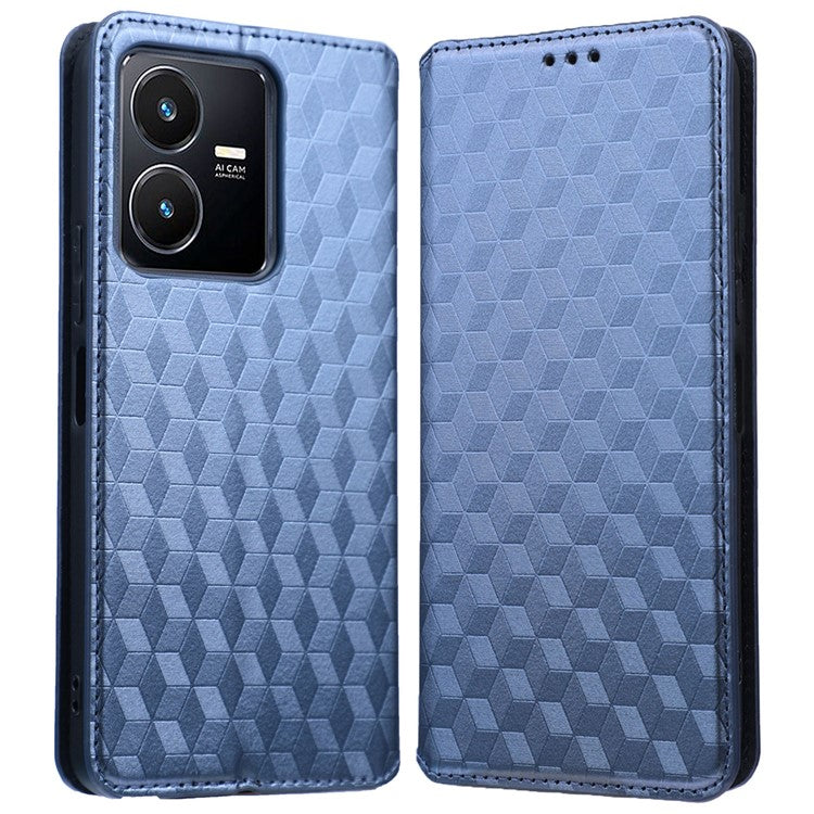 For vivo Y22 4G / Y22s 4G / Y35 4G (2022) Shock-absorbing Stand Wallet Phone Case, Imprinted Rhombus Pattern PU Leather Magnetic Auto-absorbed Folio Flip Cover - Blue