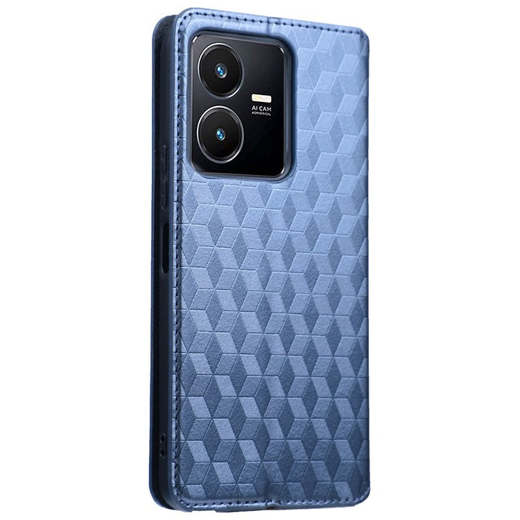 For vivo Y22 4G / Y22s 4G / Y35 4G (2022) Shock-absorbing Stand Wallet Phone Case, Imprinted Rhombus Pattern PU Leather Magnetic Auto-absorbed Folio Flip Cover - Blue