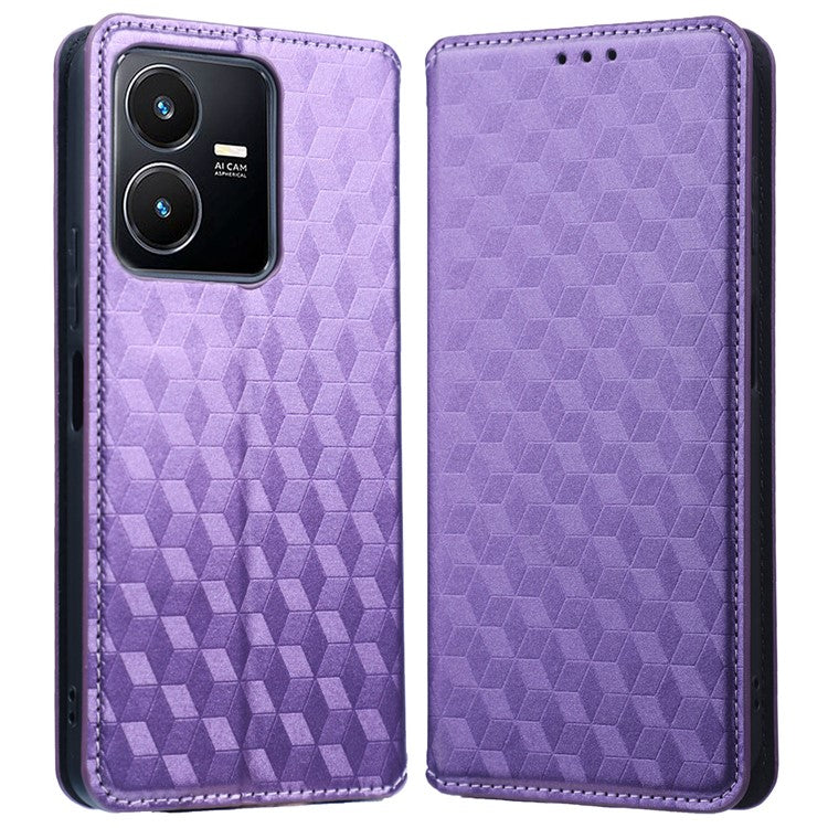 For vivo Y22 4G / Y22s 4G / Y35 4G (2022) Shock-absorbing Stand Wallet Phone Case, Imprinted Rhombus Pattern PU Leather Magnetic Auto-absorbed Folio Flip Cover - Purple