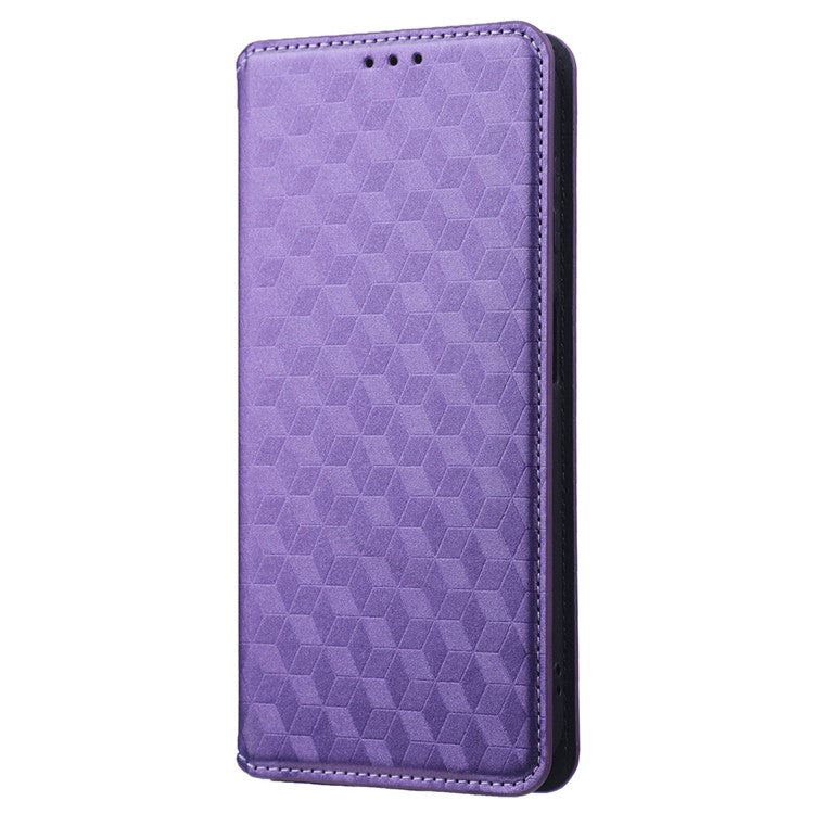 For vivo Y22 4G / Y22s 4G / Y35 4G (2022) Shock-absorbing Stand Wallet Phone Case, Imprinted Rhombus Pattern PU Leather Magnetic Auto-absorbed Folio Flip Cover - Purple