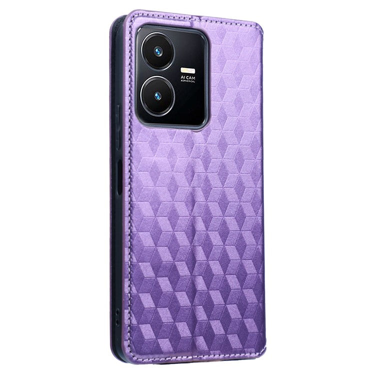 For vivo Y22 4G / Y22s 4G / Y35 4G (2022) Shock-absorbing Stand Wallet Phone Case, Imprinted Rhombus Pattern PU Leather Magnetic Auto-absorbed Folio Flip Cover - Purple