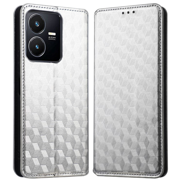 For vivo Y22 4G / Y22s 4G / Y35 4G (2022) Shock-absorbing Stand Wallet Phone Case, Imprinted Rhombus Pattern PU Leather Magnetic Auto-absorbed Folio Flip Cover - Silver