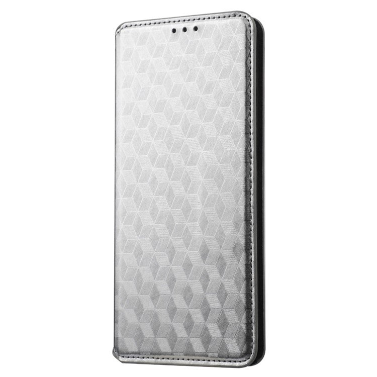 For vivo Y22 4G / Y22s 4G / Y35 4G (2022) Shock-absorbing Stand Wallet Phone Case, Imprinted Rhombus Pattern PU Leather Magnetic Auto-absorbed Folio Flip Cover - Silver