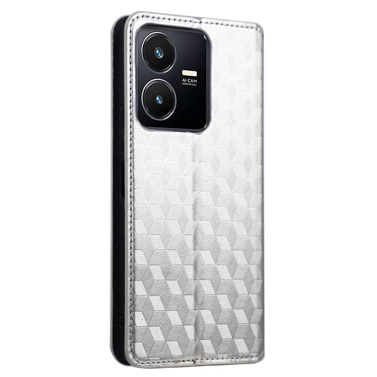 For vivo Y22 4G / Y22s 4G / Y35 4G (2022) Shock-absorbing Stand Wallet Phone Case, Imprinted Rhombus Pattern PU Leather Magnetic Auto-absorbed Folio Flip Cover - Silver