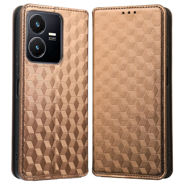 For vivo Y22 4G / Y22s 4G / Y35 4G (2022) Shock-absorbing Stand Wallet Phone Case, Imprinted Rhombus Pattern PU Leather Magnetic Auto-absorbed Folio Flip Cover - Brown