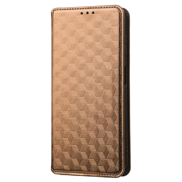 For vivo Y22 4G / Y22s 4G / Y35 4G (2022) Shock-absorbing Stand Wallet Phone Case, Imprinted Rhombus Pattern PU Leather Magnetic Auto-absorbed Folio Flip Cover - Brown