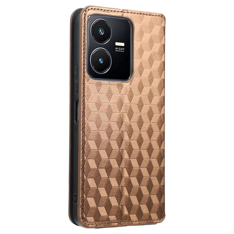 For vivo Y22 4G / Y22s 4G / Y35 4G (2022) Shock-absorbing Stand Wallet Phone Case, Imprinted Rhombus Pattern PU Leather Magnetic Auto-absorbed Folio Flip Cover - Brown