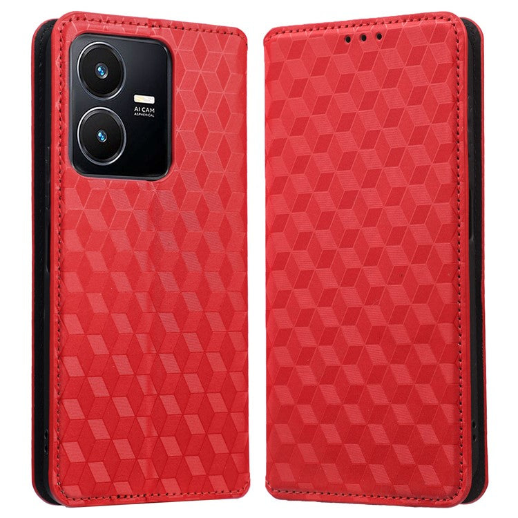 For vivo Y22 4G / Y22s 4G / Y35 4G (2022) Shock-absorbing Stand Wallet Phone Case, Imprinted Rhombus Pattern PU Leather Magnetic Auto-absorbed Folio Flip Cover - Red