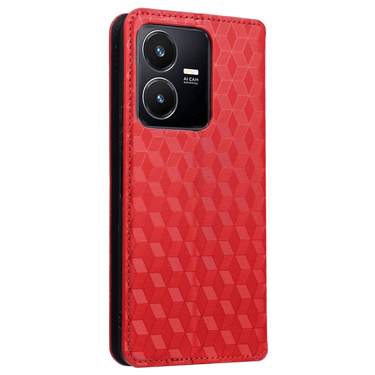 For vivo Y22 4G / Y22s 4G / Y35 4G (2022) Shock-absorbing Stand Wallet Phone Case, Imprinted Rhombus Pattern PU Leather Magnetic Auto-absorbed Folio Flip Cover - Red