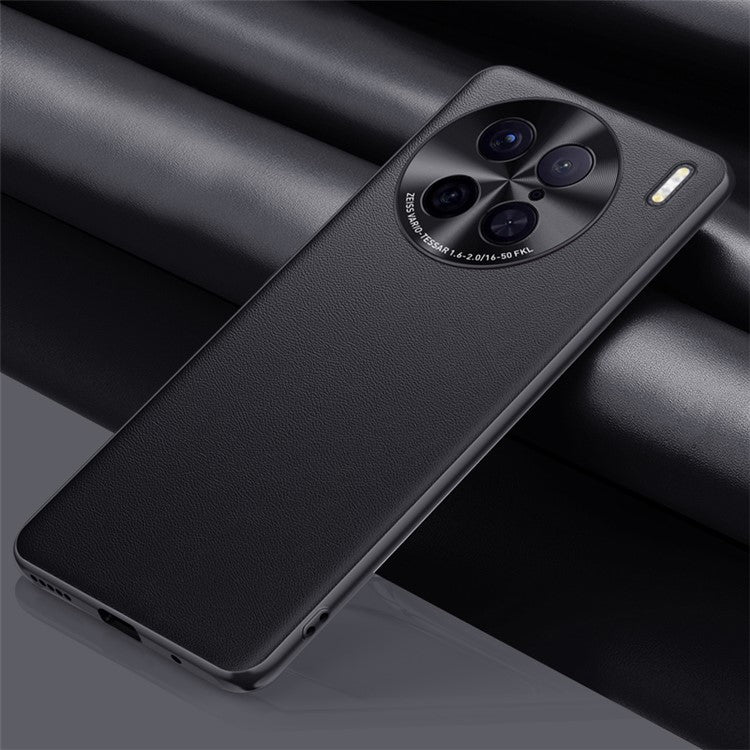 For vivo X90 Pro 5G PU Leather Coated TPU + PC Shockproof Protective Case Anti-Fall Metal Lens Design Phone Cover - Black