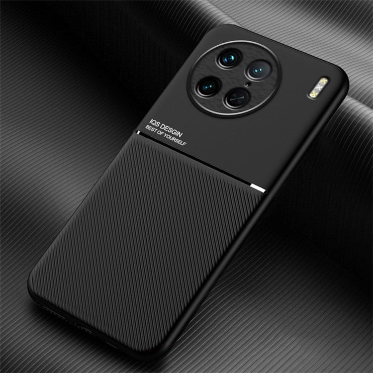 For vivo X90 Pro 5G Lines Imprinted Phone Case Anti-drop PU Leather+TPU Back Cover with Car Mount Metal Sheet - Black