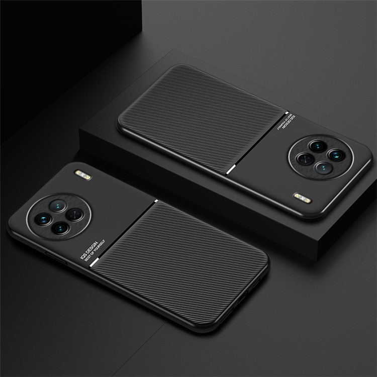 For vivo X90 Pro 5G Lines Imprinted Phone Case Anti-drop PU Leather+TPU Back Cover with Car Mount Metal Sheet - Black