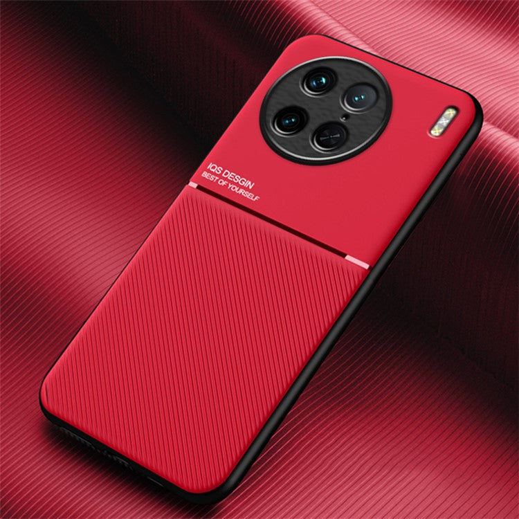 For vivo X90 Pro 5G Lines Imprinted Phone Case Anti-drop PU Leather+TPU Back Cover with Car Mount Metal Sheet - Red