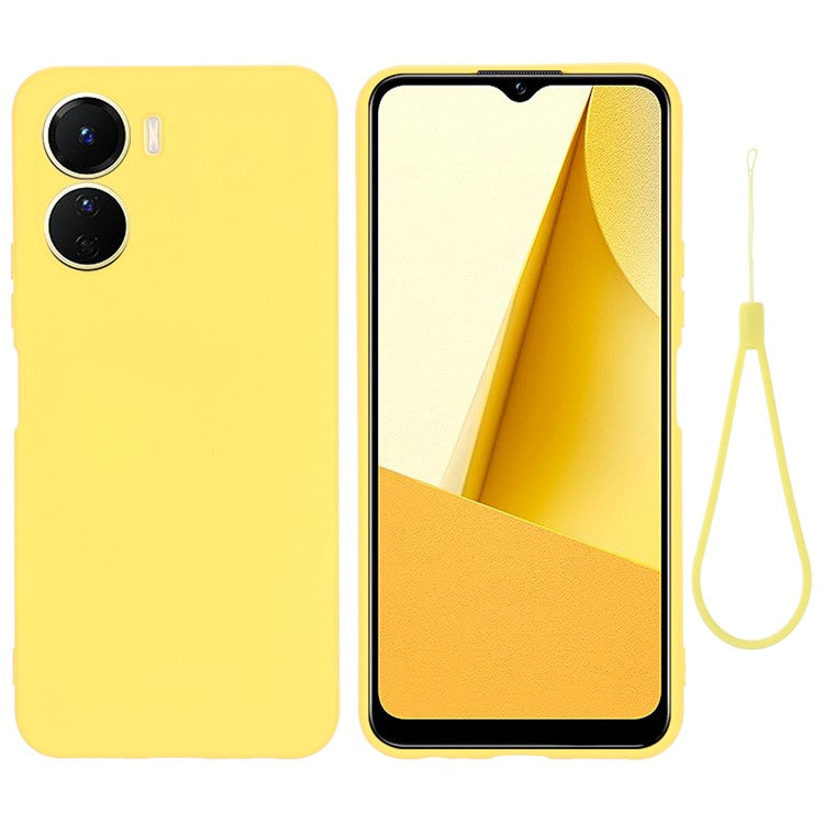 For vivo Y16 4G Phone Case, Liquid Silicone + Soft Lining Protective Back Cover with Strap - Yellow